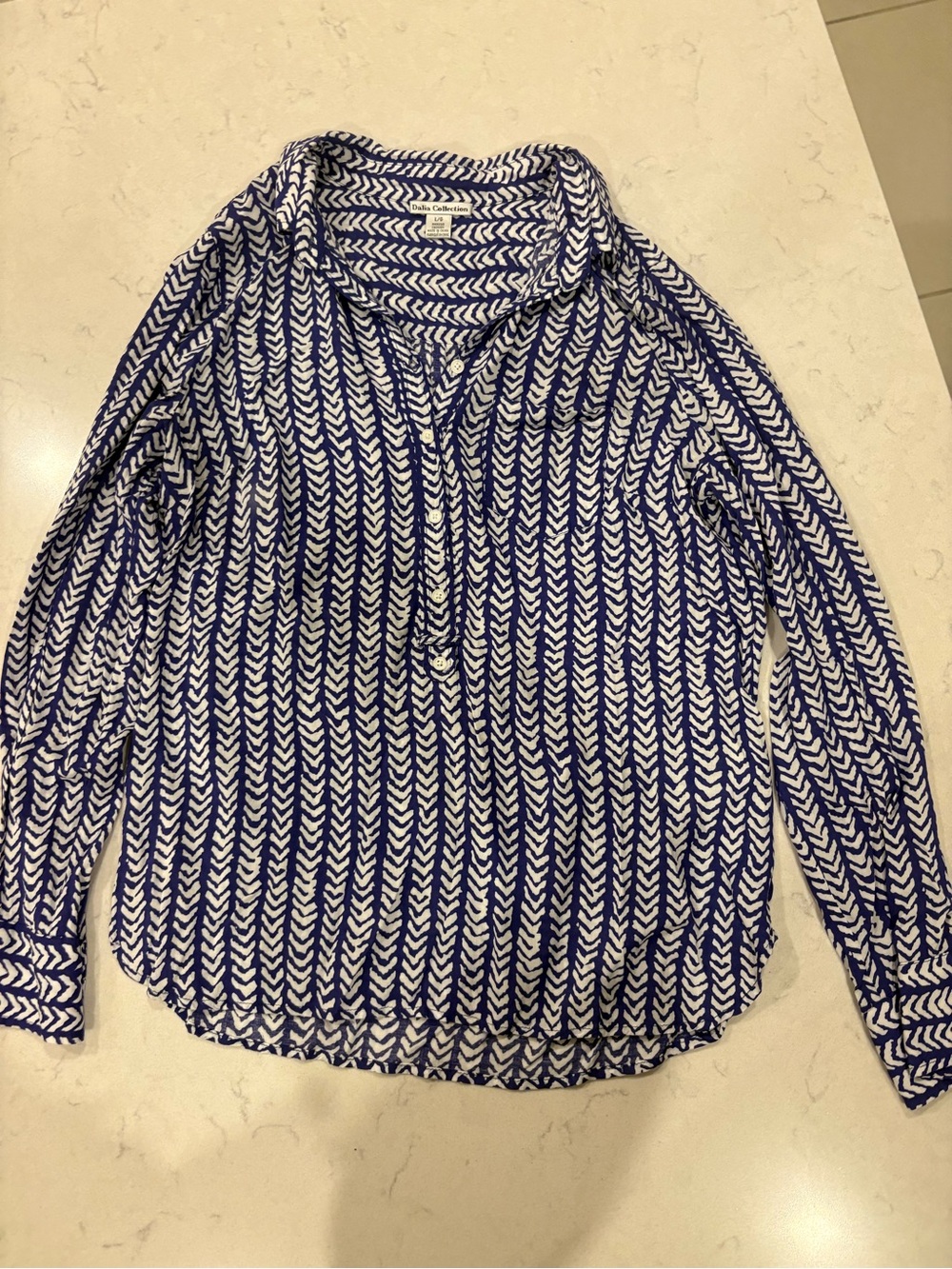 Dalia Collection Blue and White Chevron-Print Button-Down Shirt
